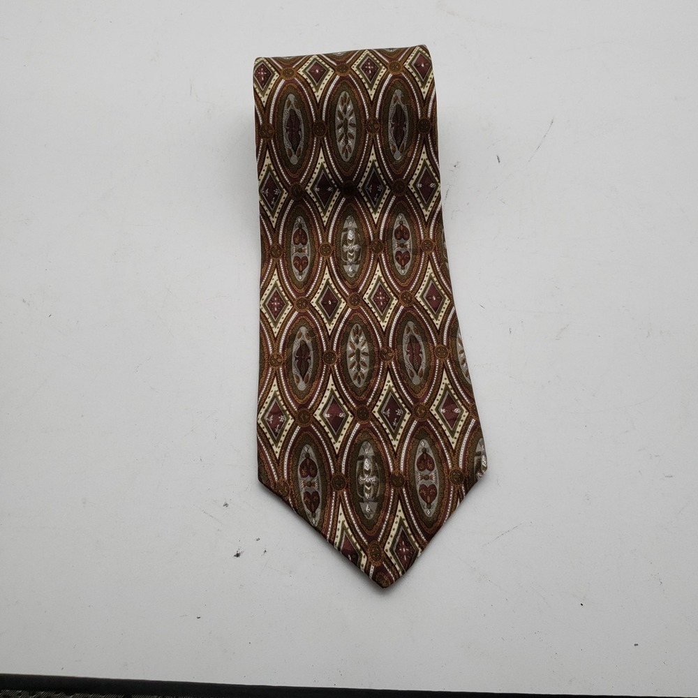 Hunting Horn Tie Mens One Size Brown Geometric 100% Silk Made USA Classic